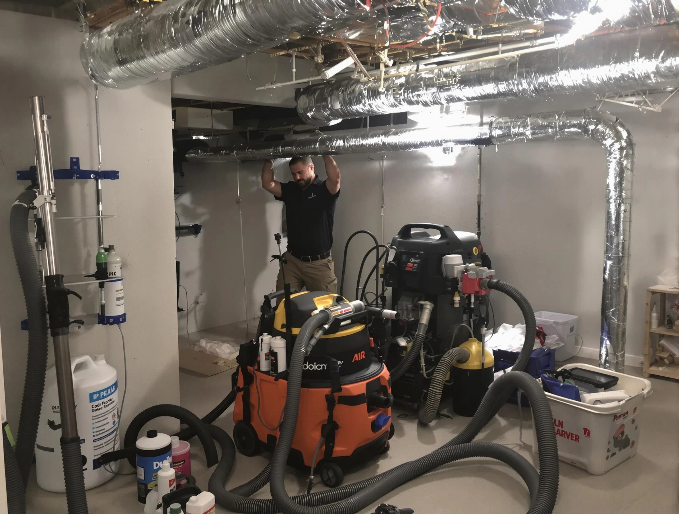 New River Air Duct Cleaning specialist performing professional mold removal from air ducts using safety equipment in New River
