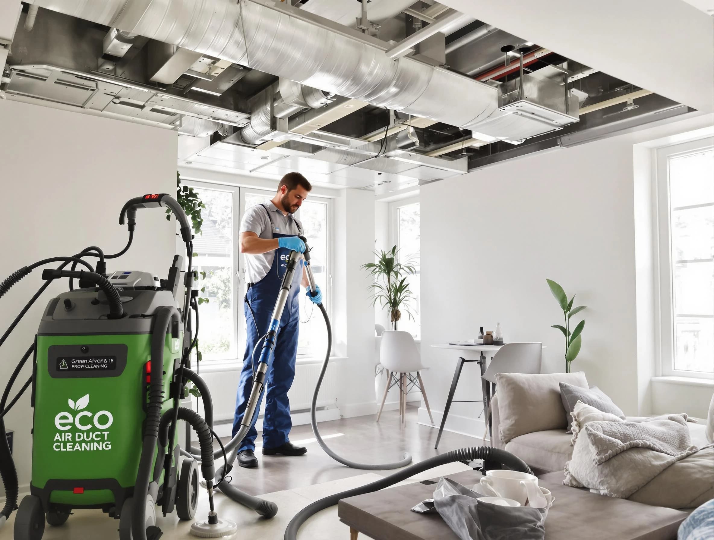 New River Air Duct Cleaning technician performing eco-friendly duct cleaning using sustainable methods in New River