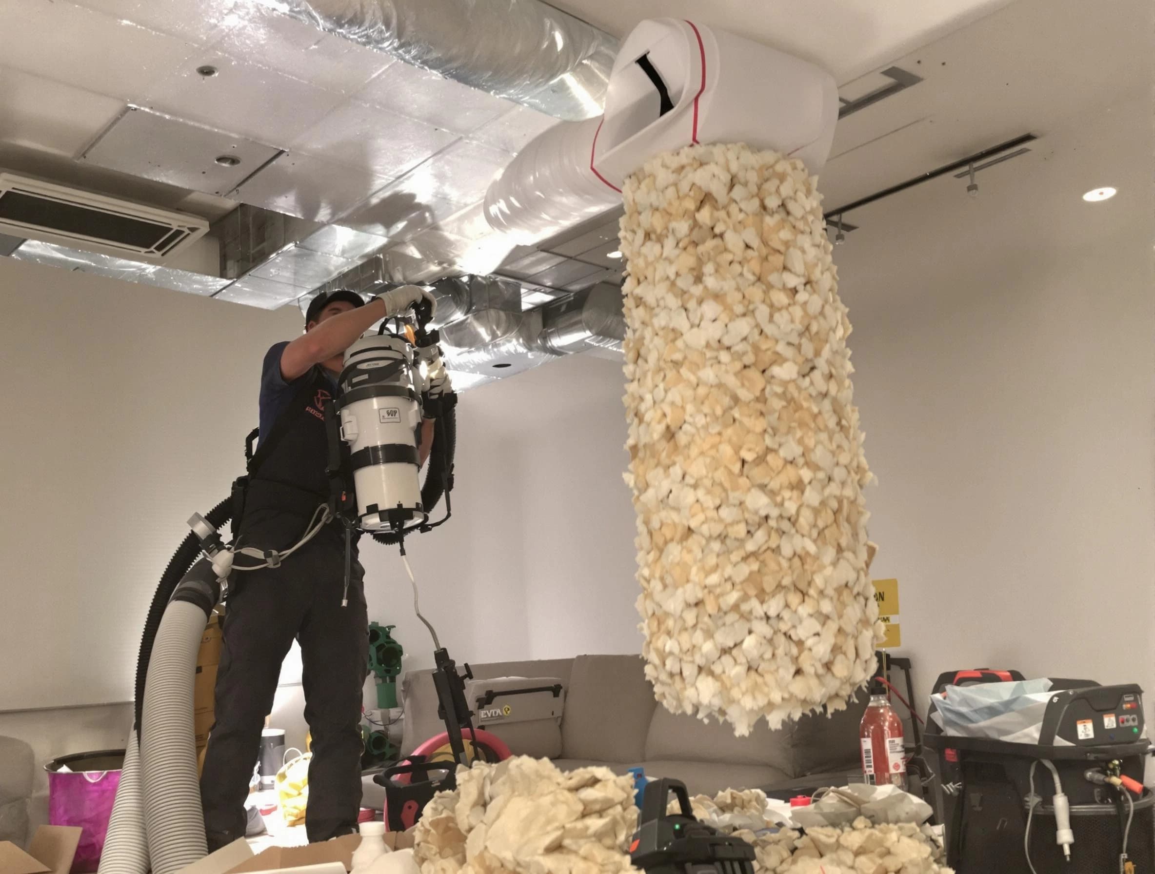 New River Air Duct Cleaning technician performing precision vacuum insulation removal in a residential property in New River