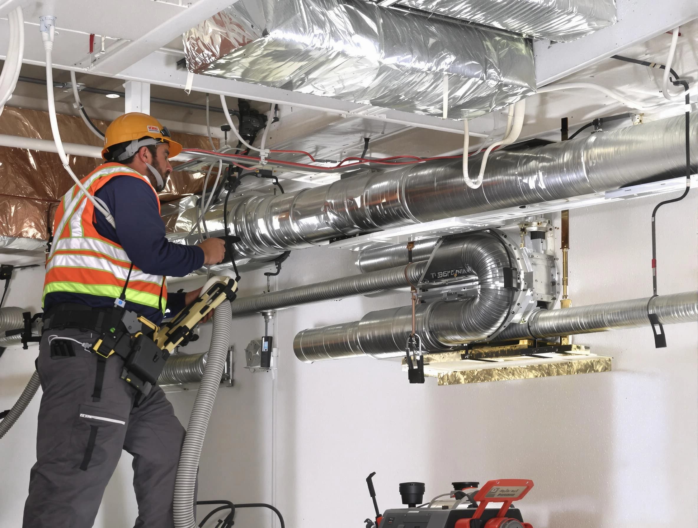 New River Air Duct Cleaning technician performing precision vacuum insulation removal in a residential property in New River